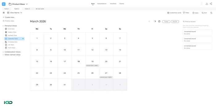 IConnect Calendar View showing March 2026 with scheduled events, milestones, and deadline tracking