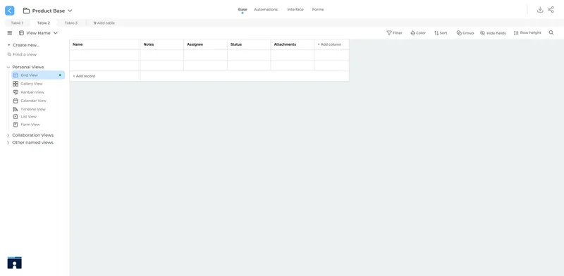 IConnect Database grid view showing custom tables with fields, records, and multiple view types