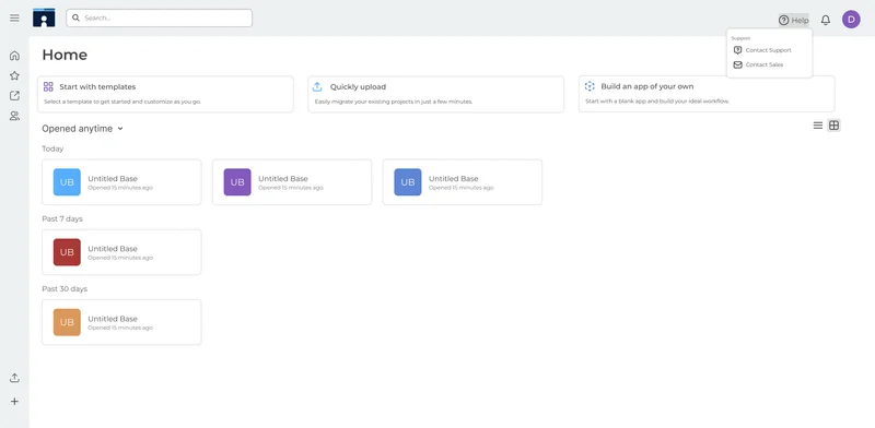 IConnect Hub showing the home dashboard with help support options, workspace cards, and quick-start templates