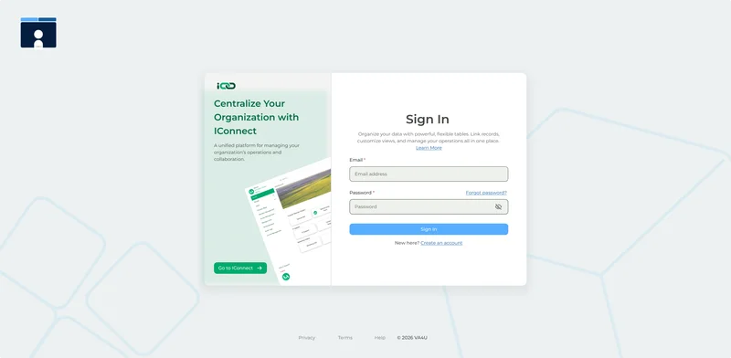 IConnect Sign-In page with feature panel showcasing the platform's centralised operations capabilities