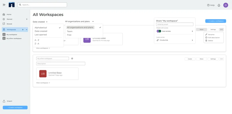 IConnect All Workspaces view showing workspace management with sharing, filtering, and organization controls